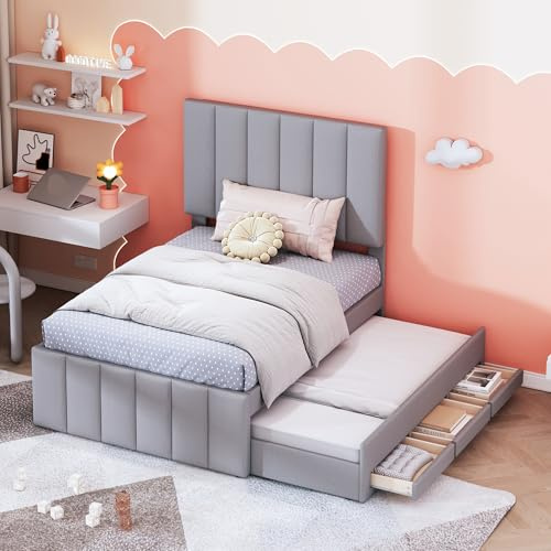 Polsterbett mit Ausziehbett und Schubladen, Leinenbezug, höhenverstellbares Kopfteil, platzsparendes Einzelbett für Schlafzimmer oder Gästezimmer, stabile Holzstruktur