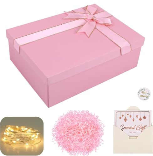 Geschenkbox mit Deckel Geschenk Box mit LED-Lichterketten,Gift Box Faltbar | Geschenkkarton 22×16×8cm mit Raffia,Grußkarten,Geschenke Box für Weihnachten Geburtstag,Hochzeite und Valentinstag,Rosa