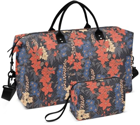 Retro Clematis Flowers Blue Red Decorative Travel Weekender Gear Bag Large Gym Bag with Toiletry Bag for Airplane Traveling 2 Pcs Set bolsas de para Mujer en Avion