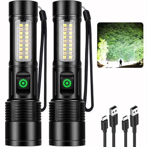 Cinlinso - Linterna LED ultra potente, 100000 lúmenes, 2 unidades, linterna recargable de larga duración, 5 modos e IP6, impermeable, linterna táctica zoomable para camping, senderismo y pesca