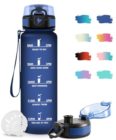 Bouteille d'eau Sport 1L, Bouteille d'eau Motivation Marqueur de Temps, Gourde avec Filtre, Facile à Nettoyer, Étanche et Réutilisable, Gourde pour Randonnée, Cyclisme, Bureau, Extérieur, Yoga