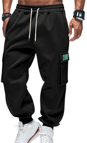 OLIPHEE Pantalon Jogging Homme Pantalon Cargo Survetement Homme Polaire Hiver Bas de Jogging Cargo Sweatpants Taille Elastique avec Cordon de Serrage et Poches Casual Sportswear A-Noir L