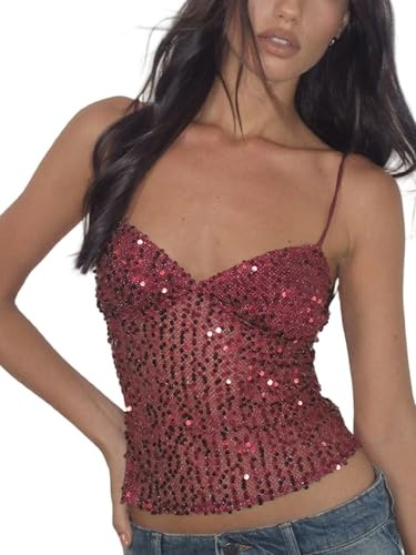 Seyumixi Women Sparkly Cami Top Sequin Spaghetti Strap Glitter Crop Top Sleeveless Going Out Tops Party Concert Outfits(Glitter Red,S)