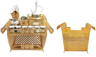 Traditional Eritrean Ethiopian Coffee Service Set, Gold Metal Rekebot Table, Decorative Mesh Pattern, White Porcelain Tea Set, Ornate Design