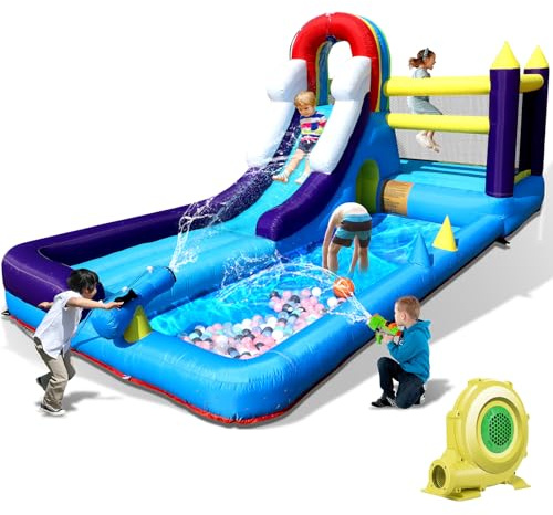 Große Hüpfburg mit Gebläse, Trocken/Wasserrutsche, 11 in 1 Aufblasbare Hüpfburg, hüpfburgen Kinder 3-10, Sprunghauses für Indoor und Outdoor, 490 x 216 x 207 cm