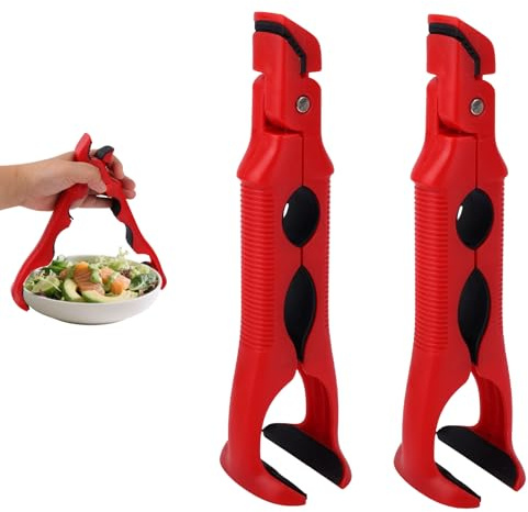 Penitue 2pcs 3-in-1 Hot Plate Grippers, Premium Non-Slip Kitchen Anti-Scalding Clips High Temperature Resistant Kitchen Tongs for Bowl & Plate Lifter and Can Opening (Red)