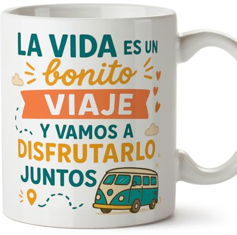 MUGFFINS taza regalo novia y novio con frase La vida es un bonito viaje y vamos a disfrutarlo juntos en Español | aniversario, regalos San Valentín, cumpleaños, romántico, amor | pareja-2 v1