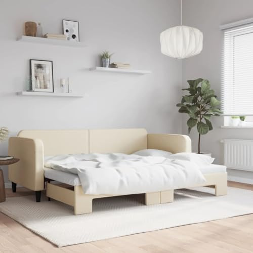 Mokuyary Tagesbett Ausziehbar Creme 80x200 cm Stoff, Schlafsofa Bett mit Lattenrost Bettgestell, Gästebett Couch Bett ohne Matratze Sofabett für Wohnzimmer, Schlafzimmer -B