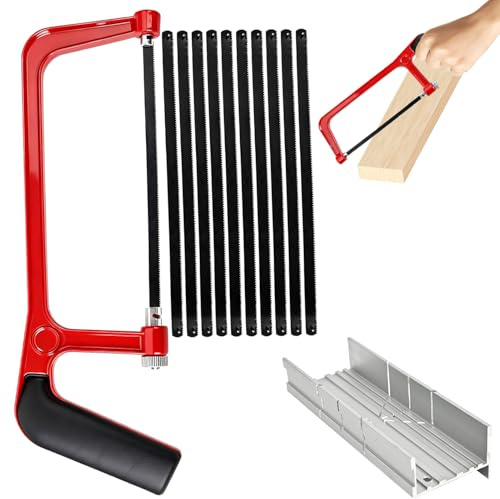 HIVTE Juego de Segueta para Metal de 12 Piezas con Caja de Ingletes, Sierra de Mano Ajustable y 10 Hojas Bimetálicas para Corte de PVC y Azulejos