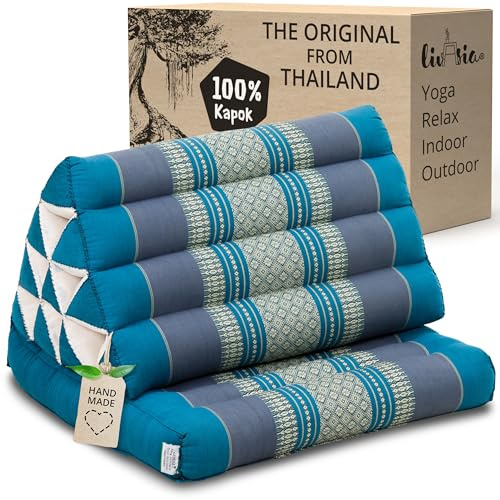 livasia Thai cushion with 1 seat rest - 30x20x3.1″ - Triangle cushion with seat cushion, Wedge cushion, kapok, Back support cushion, folding, Thai mat, folding, Hand made (Light Blue)