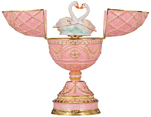 danila-souvenirs Fabergé-Stil Ei Spieluhr Schmuckkästchen mit zwei Schwänen 17 cm rosa