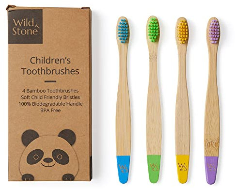 Wild & Stone | Bio-Kinderzahnbürste Aus Bambus | 4er-Pack | Weiche Faserborsten | 100% Biologisch Abbaubarer Griff | BPA-Frei | Vegane Umweltfreundliche Kinderzahnbürsten (Mehrfarbig)