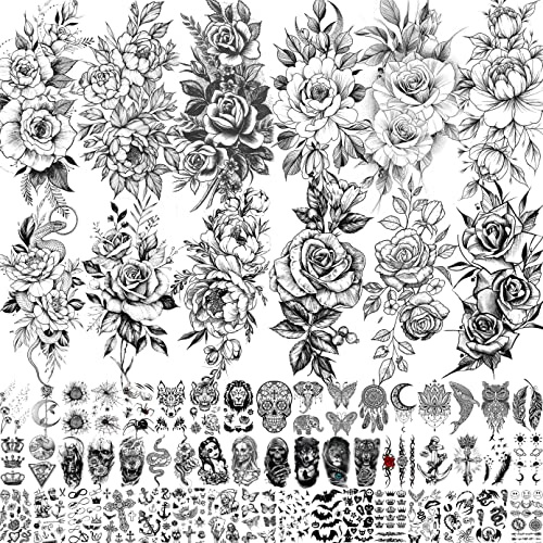 LAROI 63 Sheets Rose Peony Flower Temporary Tattoos For Women Arm Sleeve, Waterproof Long Lasting Temp Tattoos Adults, Fake Tattoos That Look Real And Last Long, Realistic Black Floral Tatoos Snake