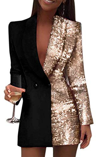 Minetom Vestiti Donna Elegante Partito Cocktail Abiti Paillettes Mini Abito Manica Lunga Paillettes Lustrini Brillante Mini Vestito Scollo A V Vestitini Blazer Oro 38