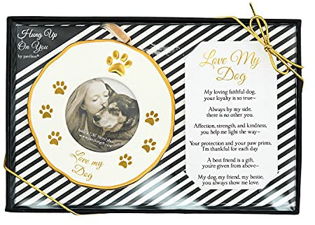 Pavilion - 4 Gold White Ornament Round 2.36 Photo Holder with Keepsake Card - Love My Dog - Gift Ready Packaged Set