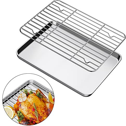 Plaque Pâtisserie avec Grille, Plaque inox four Rectangulaire, Plaque Perforee Patisserie four 30 x 25 x 2,5 cm, Facile à nettoyer,a au lave-Vaisselle et Résistant four Pour Pizza, Biscuits, Viande