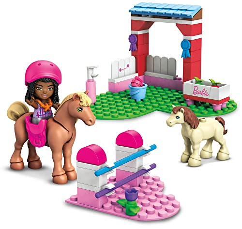 MEGA HDJ84 - Barbie Pferdespringen Bausatz, 73 Bausteine, Teile mit Mode-& Rollenspielzubehör, 1 Mikropuppe, 1 Pferd & 1 Pony, Konstruktionsspielzeug, Bauspielzeug-Geschenkset für Kinder ab 5 Jahren