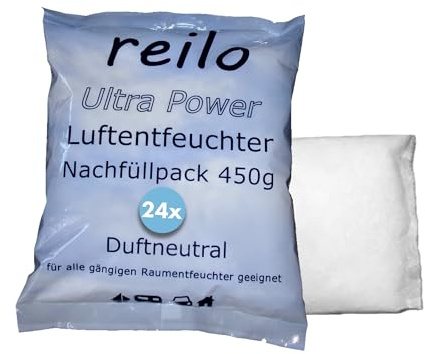 reilo 24x 450g Ultra Power Luftentfeuchter Granulat, Raumluftentfeuchter im Vliesbeutel, Nachfüllpacks für Entfeuchterboxen 450 bis 1200 g, Lufttrockner für Wohnräume, Schlafzimmer, Keller