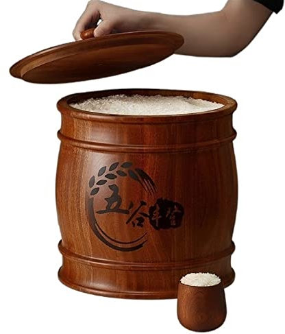 Boite Rangement Cuisine 5/10 kg Grand Conteneur de riz Bois - Cuisine/Maison/Garde-manger Comptoir Céréales alimentaires Distributeur de stockage de céréales avec tasse de riz, Seau scellable, rétr