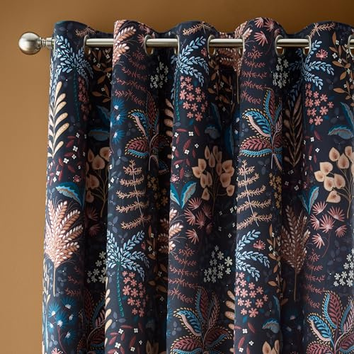 Catherine Lansfield Exotic Leaves Soft Recycled Polyester Velour 46x90 Inch Eyelet Curtains Two Panels Black