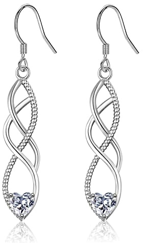 Sterling Silver Drop Earrings for Women Girl, Silver Dangle Earrings with Cubic Zirconia│Twisted Linear Hypoallergenic Earring for Sensitive Ears│Jewellery Gift for Anniversary Christmas