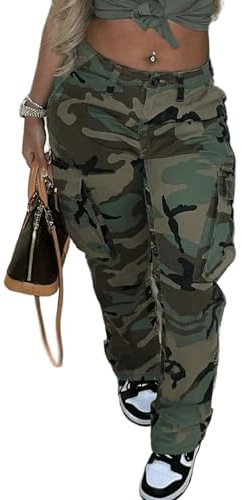 Seltaon Casual Plus Size Camo Cargo Pants for Women High Waist Slim Fit Camouflage Jogger Army Pants Sweatpants with Pockets