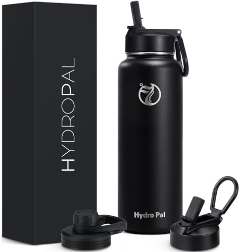 HydroPal 1,2L Edelstahl Isolierflasche,Trinkflasche mit Strohhalm 2 Deckel