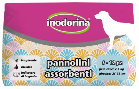 Inodorina, Saugfähige Einwegwindeln, atmungsaktive Technologie und Nässeindikatoren, mit Schwanzloch und Langen Flügeln, für Hunde mit einem Gewicht von 2-5 kg, Größe S, 12 Stück