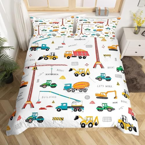 Ensemble de Literie Pour Pelleteuse 140x200 Parure de Lit Tracteur Machines Camions,Housse de Couette Véhicule de Construction Pour Enfants Garçons Ados,Housse Couette Equipment Truck Jaune Vert