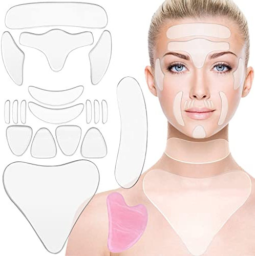 BDSHUNBF 18 pezzi Cerotti Antirughe Silicone, Riutilizzabile Cuscinetto Antirughe Patch Silicone Trasparente, per Fronte, Occhi, Guance, Collo e Petto, con Pietra Gua Sha