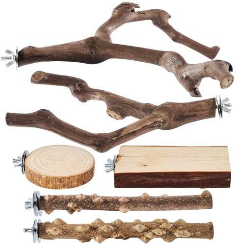 LIMIO 6-Piece Bird Perch Set - Natural Wood Grape Sticks, Paw Grinding Forks, Bird Stand & Toys for Parakeets, Cockatiels, Conure, Budgies