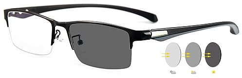 VEVESMUNDO Herren Lesebrillen Selbsttönende Blaulichtfilter Sportliche Sonnenlesebrille Metall Rechteckig Halbrand Lesehilfe Brillen +1.0,+1.5,+2.0,+2.5,+3.0,+3.5,+4.0
