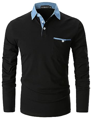 KUNJLELP Poloshirt Herren Langarm, T Shirts Männer, Hemd Herren Denim-Splice T-Shirt Golf Polo Shirt