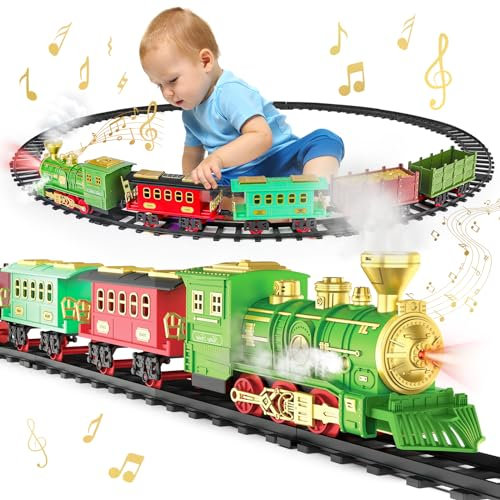 deAO Elektrischer Zug Set für Kinder, Dampfzug Straßenbahnen Set, Rechargeable Batterie-Dampflok mit Dampf, Sounds und Lights, Zug Sspielzeug Weihnachtszug für Kinder ab 3 4 5 6 +Jahren