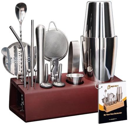 JWJIUEJIU Ensemble shaker à cocktail, 15 pièces Boston Shaker Barman Kit d'accessoires de bar en acier inoxydable, kit de barman professionnel, ensemble d'outils de bar à domicile avec livret de