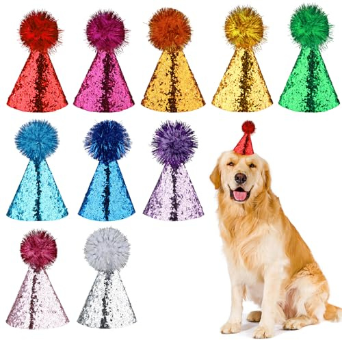10 Stück Katzen-Geburtstagshut, Partyhüte für Hunde, mehrfarbig, Mini-Partyhüte für Stofftiere, verstellbare Stirnbänder, Geburtstagshüte für Urlaub, Hochzeit, Welpen, Kätzchen, Kostüm-Zubehör