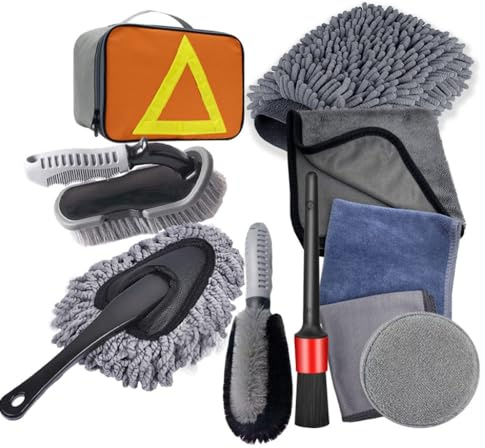 Shkalacar 10 Pièces Lot de Brosse Nettoyage Voiture, Brosse de Détail Automobile, Plumeau de Tableau de Bord, Gants de Lavage, Serviettes, Brosse de Moyeu de Pneu, Tampon Applicateur de Cire