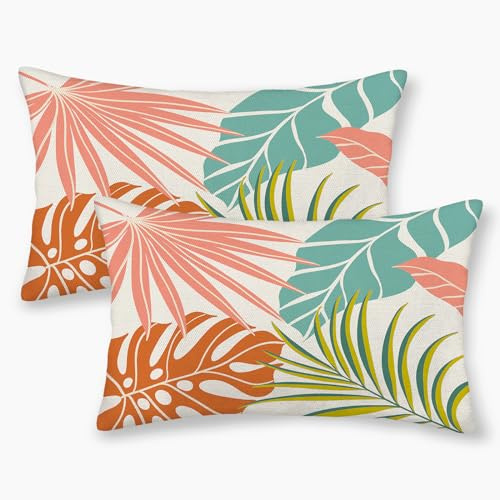 GOLIANDA Lot de 2 Housses de Coussin d'été Tropicales de 30,5 x 50,8 cm, Motif Feuille de Palmier de Monstera, Vert, Orange, Corail botanique, décoration d'extérieur, Housse de Coussin en Lin pour la