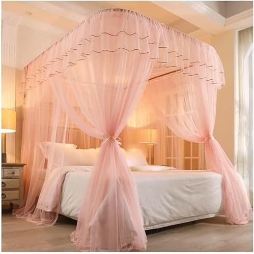 Baldachin-Moskitonetz für Schlafzimmer, Doppelbett, Mädchen-Prinzessinnenzimmer, dekorativer Bettvorhang mit Metallhalterung (Farbe: Gelb, Größe: 180 x 220 cm) (Farbe: Rosa-