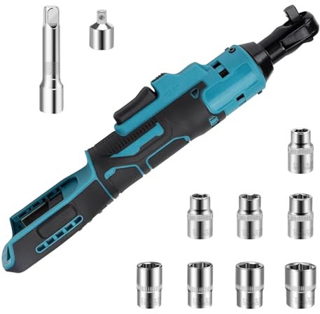 Akku Ratsche, 3/8 Elektrische Ratschenschlüssel kompatibel mit Makita 18V, 55N.m/40Ft-lbs Schnurlose Ratschenschlüssel mit LED/8 Steckschlüssel, 1/4 Adapter, 3 Verlängerungsstange(Keine Batterie)