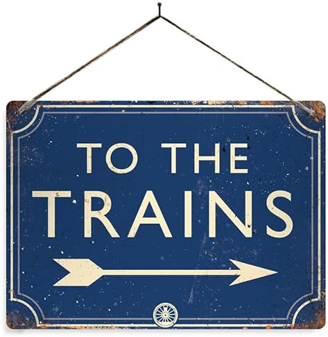 To the Trains - Blue. Small metal sign with 2 holes and twine. Train Platform Steam Railway