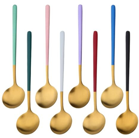TEAHAHA 8 Piece Stainless Steel Espresso Coffee Spoons Mini Teaspoons Set，Lightweight Small Round Spoons Set ，for Coffee, Tea, Ice Cream, Dessert, Cake, Dishwasher Safe，Reusable (Multi Color)