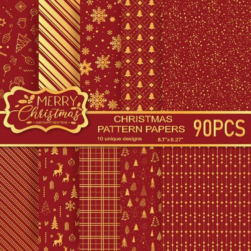 MIAHART 90 Blatt Frohe Weihnachten Musterpapier-Set 10 Designs A5 Größe Festival Dekoratives Bastelpapier für Kartenherstellung Scrapbook (Rot & Gold, A5-90)