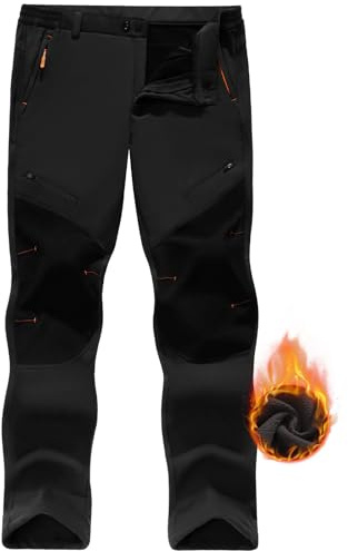 CMTOP Men's Waterproof Trouser Winter Fleece Lined Outdoor Trousers with Zipper Pockets Softshell Kneepad Work Pants Warm Ski Pants for Hiking Climbing Black