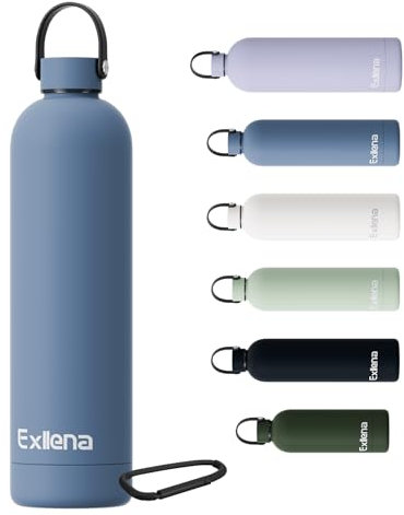 Exllena 1l Water Bottles Metal with Handle Lid and Carabiner, Double Wall Vacuum Drinks Bottle Keeps Drinks Cold 24 Hrs/Hot 12 Hrs, Stainless Steel Water Bottle BPA Free(Whale Blue)