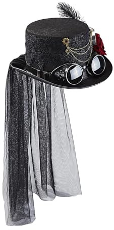 Gothic Steampunk Hut | Gothic Steampunk Top Hüte mit Brille, Gothic Gears Steampunk Top Hüte mit Blumenfeder und Kette für Damen und Herren