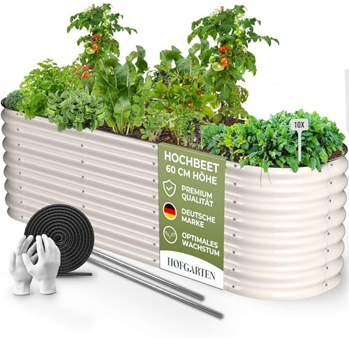HOFGARTEN 200x60x60 cm Hochbeet Metall I 6-in-1 Gartenbeet aus verzinktem Stahl I Pflanzbeet wetterfest & rostfrei I Ovales Gemüsebeet für Garten & Terasse I Hochbeet Bausatz ohne Boden (Cremeweiß)