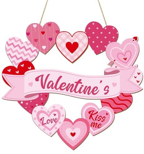 Sophena Wooden Valentines Day Door Wreath for Front Door Sign Heart Wall Signs Valentine Decoration, Sign Welcome Hanging Crafts for Home Farmhouse Wall Decor Party Outdoor indoor Supply Heart