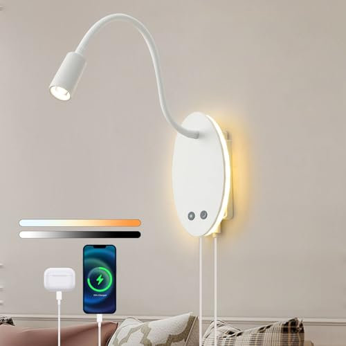 Winverty Lampara de Lectura Pared de LED Regulable Lámpara de Pared Recargable USB Flexible Blanco luz lectura de Cama con Interruptor Para Dormitorio Oficina