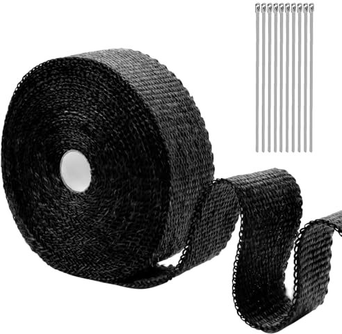 mizikuu 10M Bande Thermique Echappement, Ruban Isolant Thermique Moto Pare Chaleur Echappement avec 10 Attaches de Câble en Acier Inoxydable pour Tuyeau Collecteur Echappement Moto et Voiture, Noir